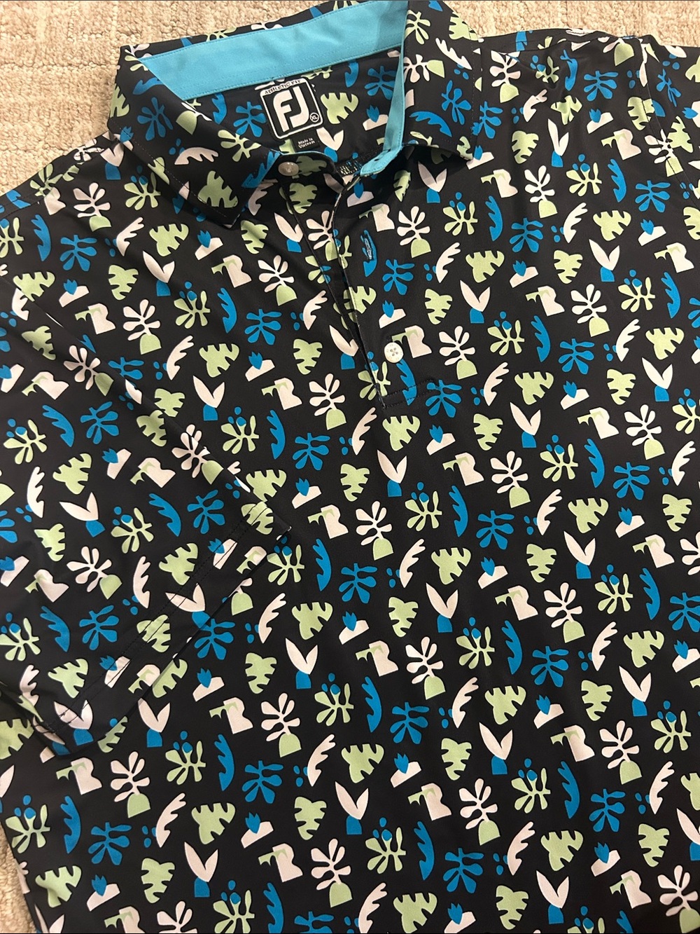 FootJoy XL Black Polo with Blue, Green and White Botanical Print Athletics Fit